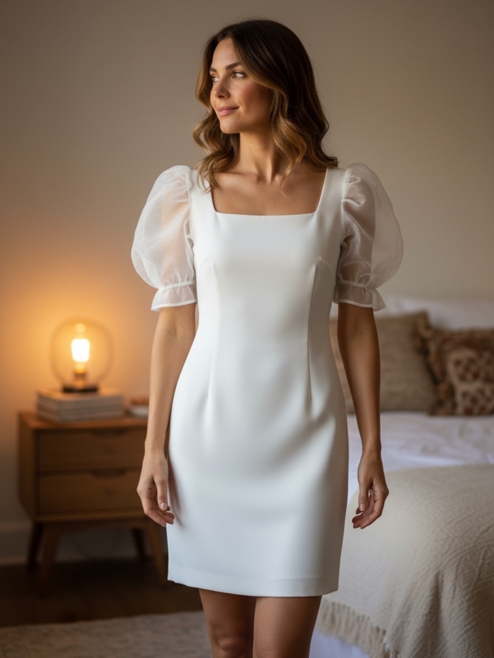 JM STUDIO BY JOHN MEYER White Midi Sheer Puff Sleeves Wedding Formal Dress SZ 6